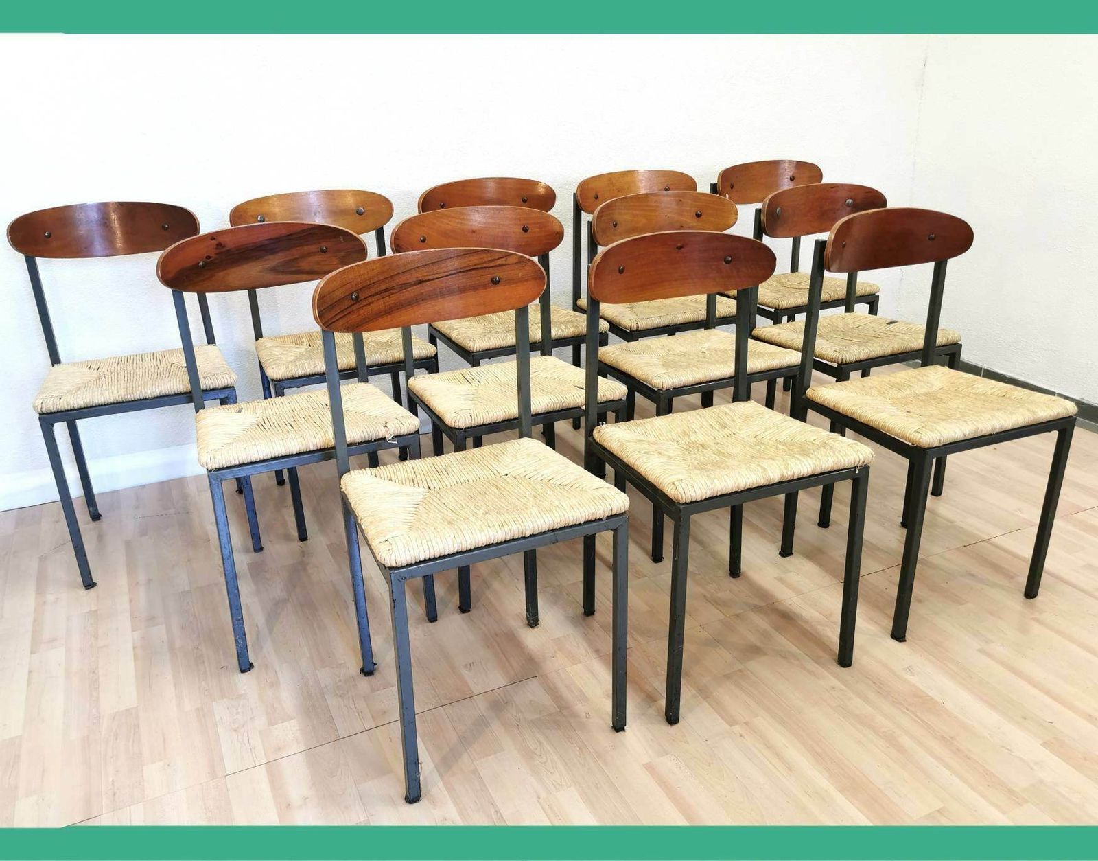Pub Dine Chairs With Iron Frame And Thatched Seat / Vintage Sturdy Dining Caffe Chair / 1970s, Yugoslavia / Industrial Farmhouse Interior photo furniture