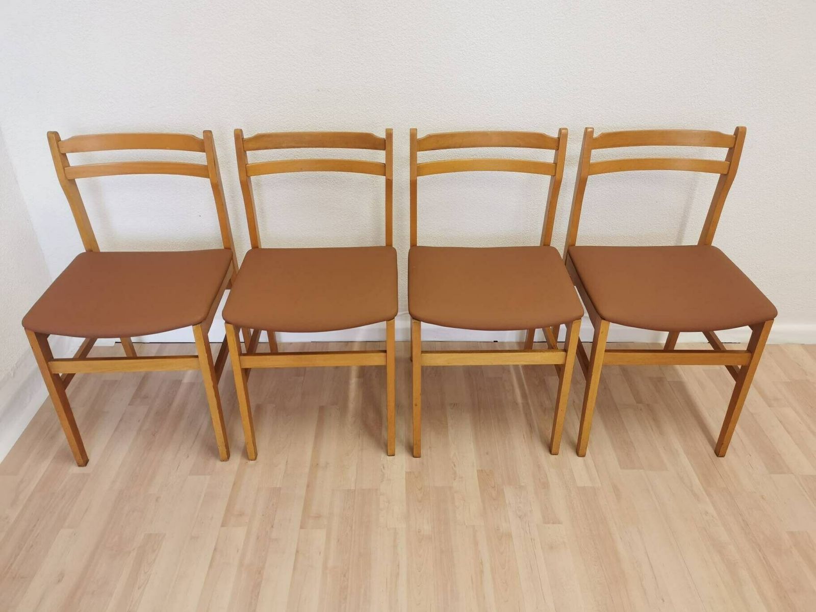Set Of 4 Vintage Dine Chairs By Branko Ursic For Stol Kamnik, 1970s, Yugoslavia / Wooden Dining Chairs With Brown Leather Seat photo furniture