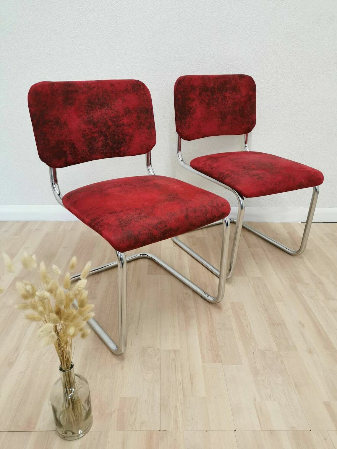 Set Of 2 Cesca Style Chair / Upholstered With Red Fabric / Dine / Dining Chairs / Tubular Frame / Marcel Breuer / Retro Interior / 1970 Future photo furniture