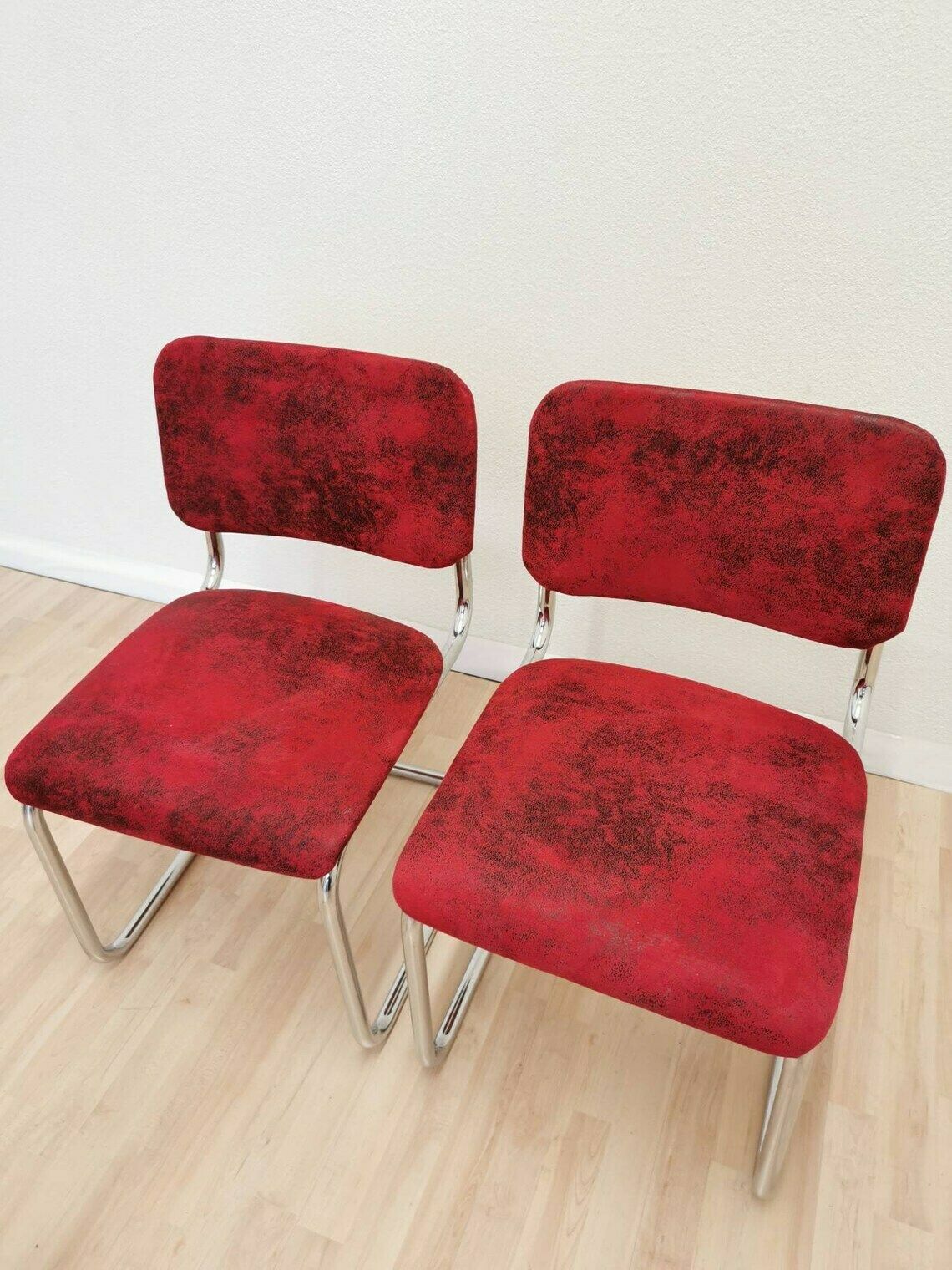 Set Of 2 Cesca Style Chair / Upholstered With Red Fabric / Dine / Dining Chairs / Tubular Frame / Marcel Breuer / Retro Interior / 1970 Future photo Furniture