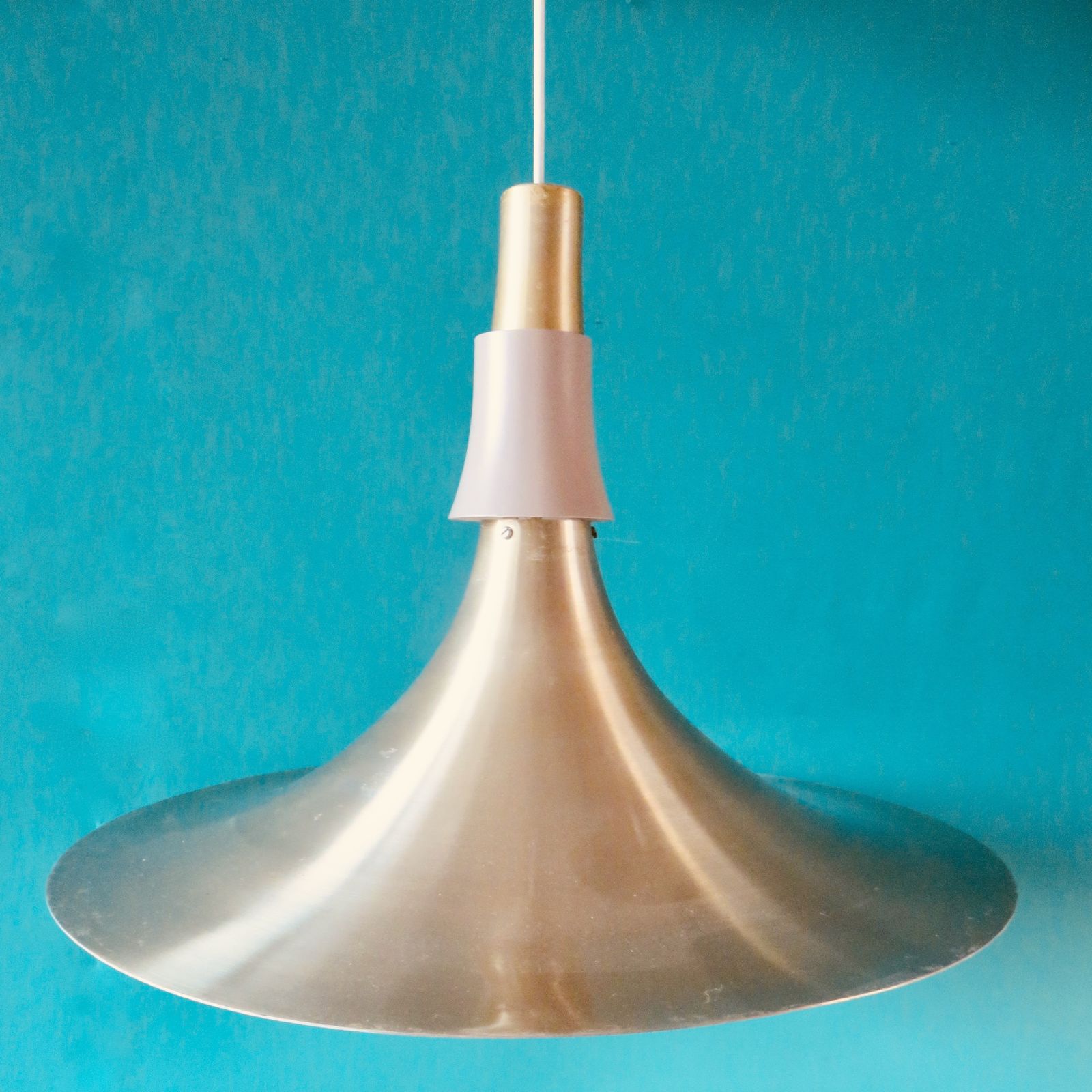 Large Trumpet Lamp In Brushed Gold Aluminum. Denmark 1970 photo furniture