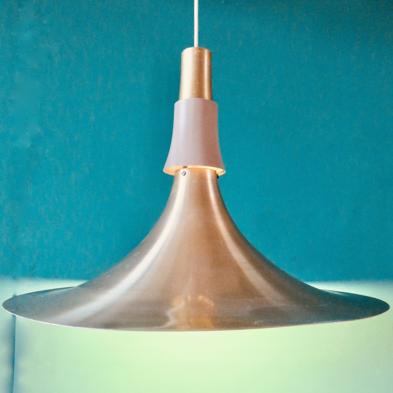 Large Trumpet Lamp In Brushed Gold Aluminum. Denmark 1970 photo for sale