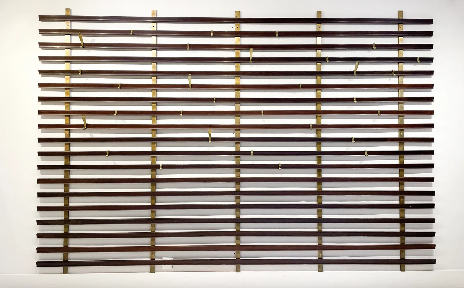Mid Century Slatted Coat Rack By Jules Wabbes, Brass Hooks, Belgium, 1950s photo buy