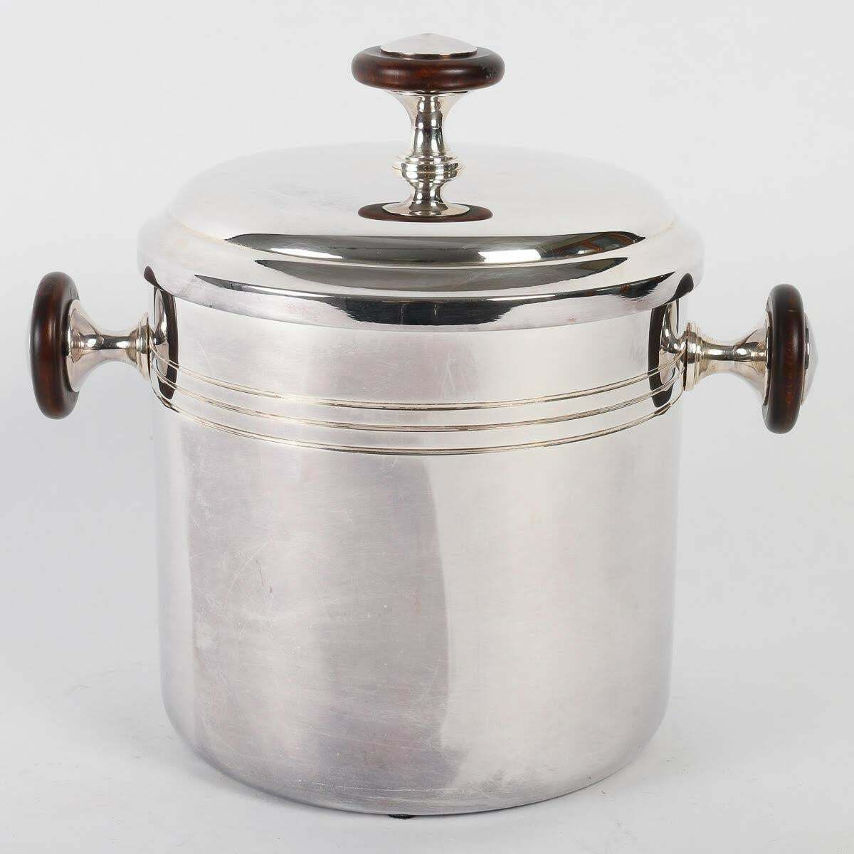 Silver Plated Metal And Wood Ice Bucket With Lid, 1980. photo Home Decor