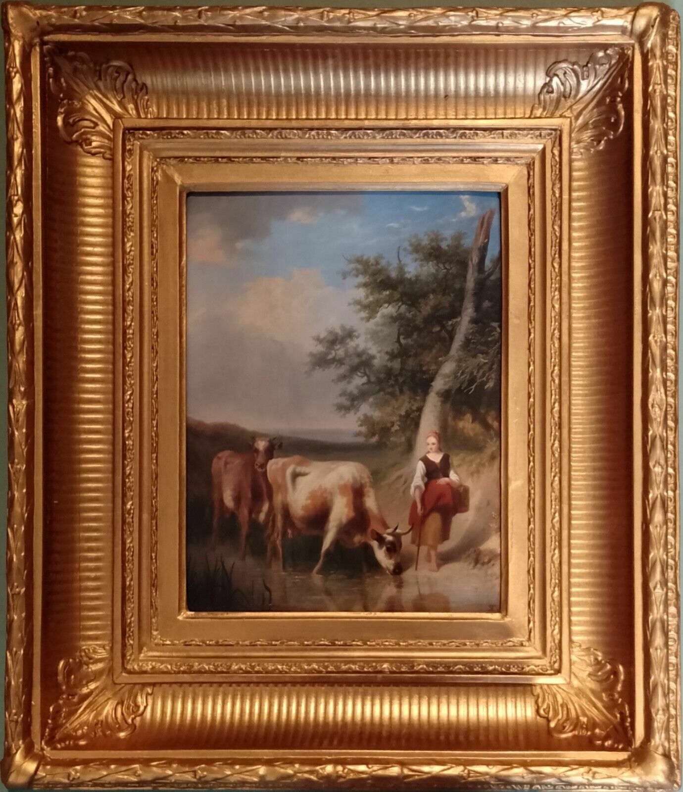 Antique 19th Century Oil Painting On Panel Milk Maid & Cows Baptiste Tschaggeny photo furniture