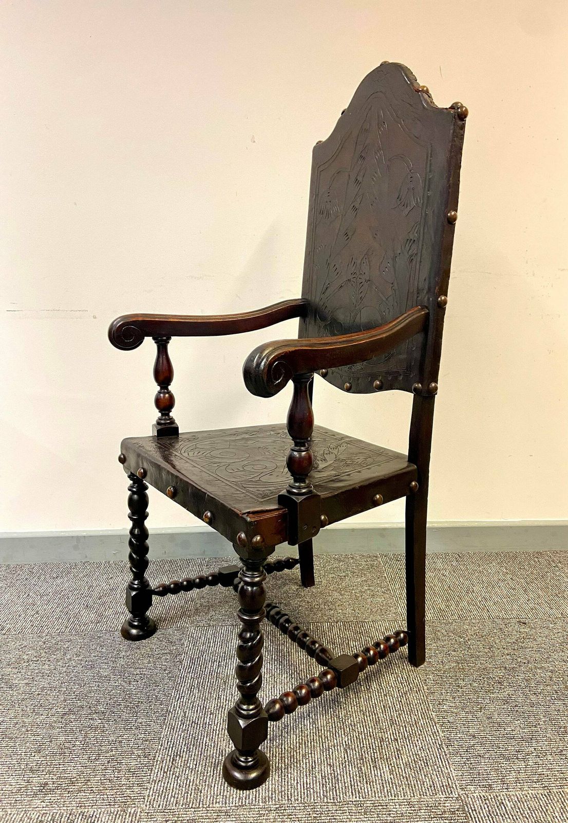Antique Large Throne Chair / Hand Tooled Leather / Handcarved Wood / 19th Century