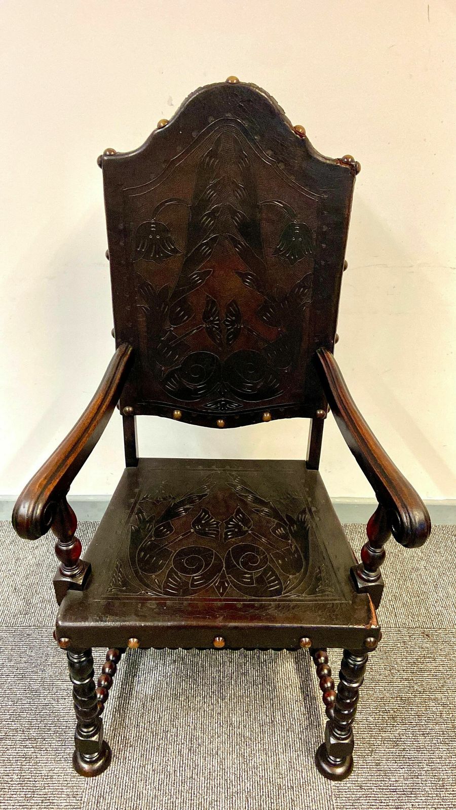 Antique Large Throne Chair / Hand Tooled Leather / Handcarved Wood / 19th Century photo for sale