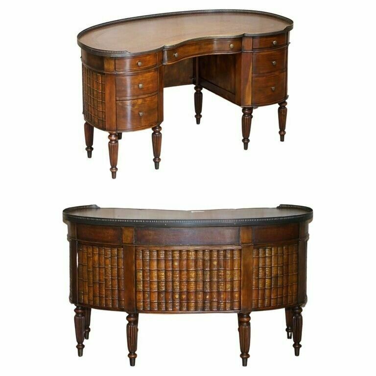 Stunning Faux Book Mahogany & Brown Leather Kidney Desk With Gallery Rail