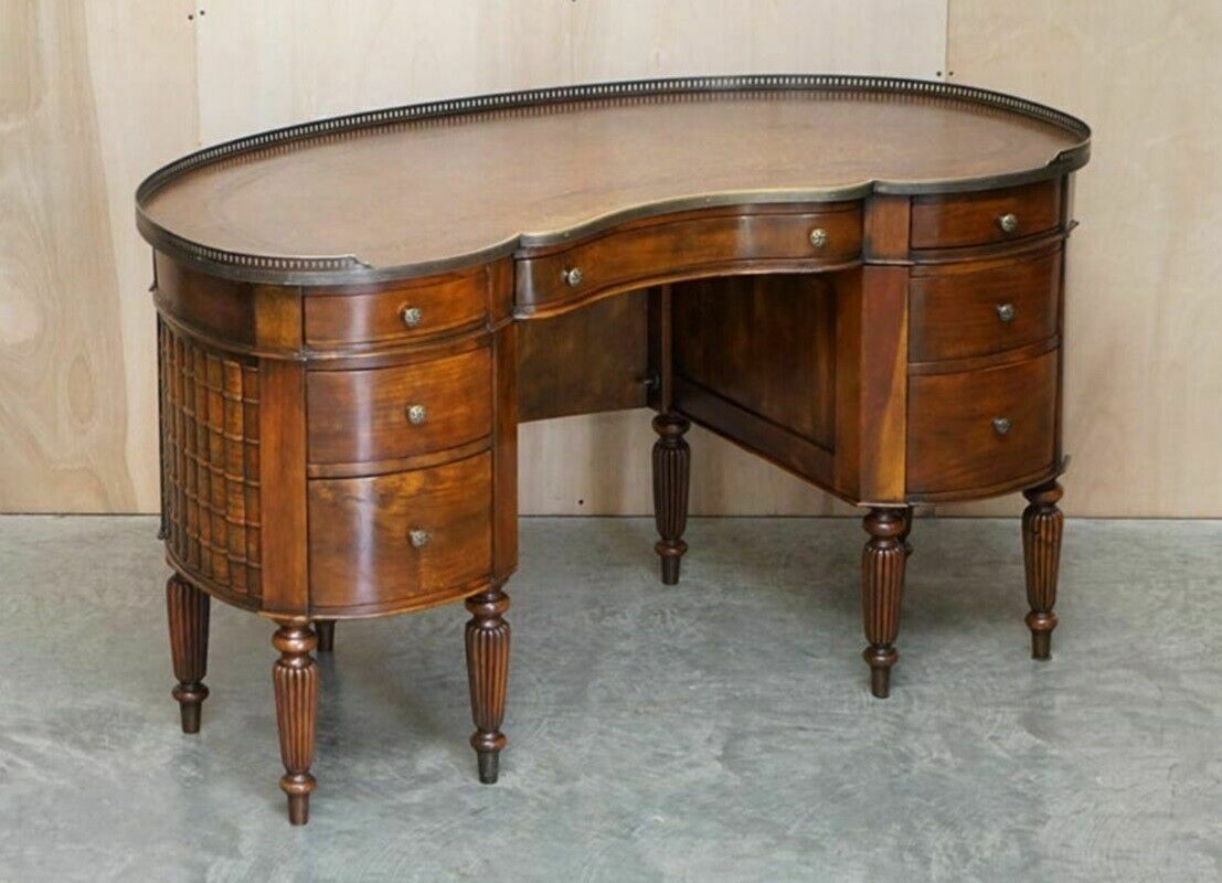 Stunning Faux Book Mahogany & Brown Leather Kidney Desk With Gallery Rail photo furniture