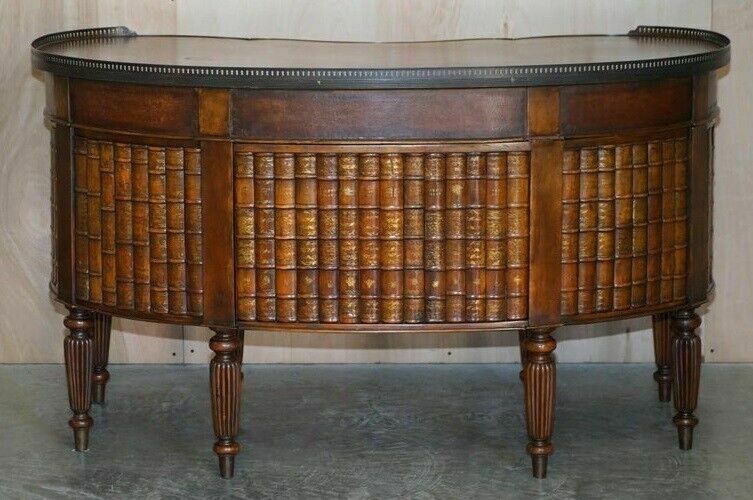 Stunning Faux Book Mahogany & Brown Leather Kidney Desk With Gallery Rail photo Furniture