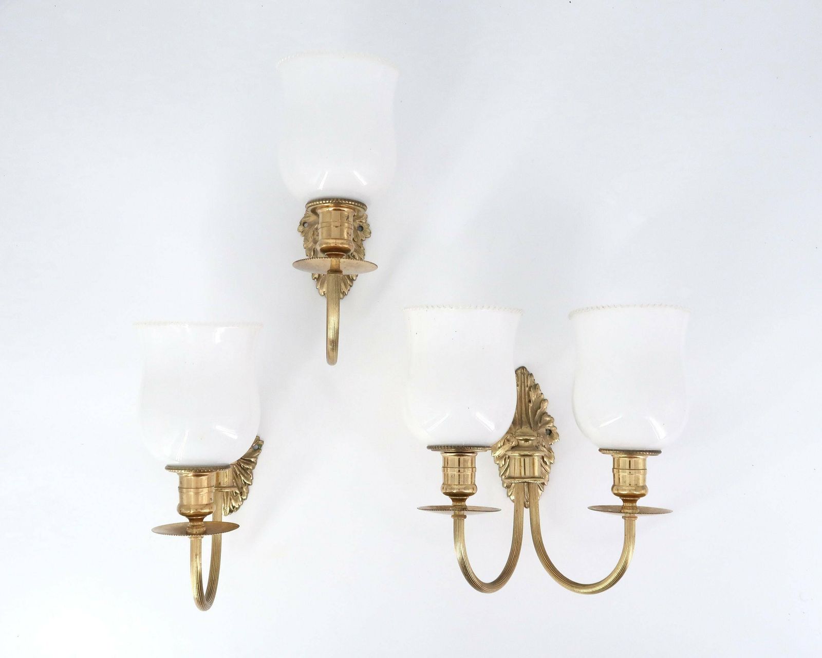 Three French Modernist Sconces, Brass And Glass, 1950s / Mid Century Modern Light Lamp Lighting Brass Atomic Lunel Arlus