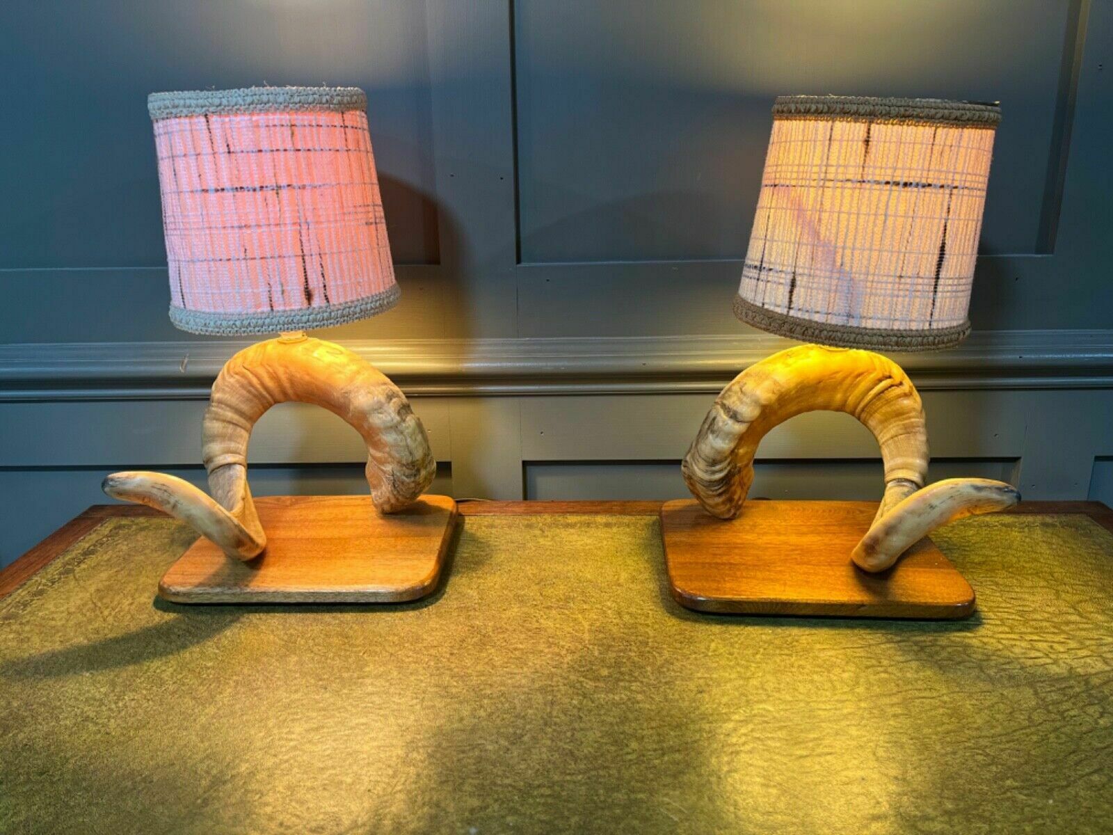 photo for sale Pair Of Ram’s Horn Lamps Vintage Table Lights Original Ram’s Horn 1950’s