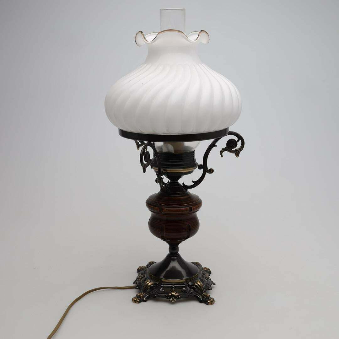 Antique Bronze Table Oil Lamp With Electric Wire And Glass Cup Art Deco 50's photo 1250.0