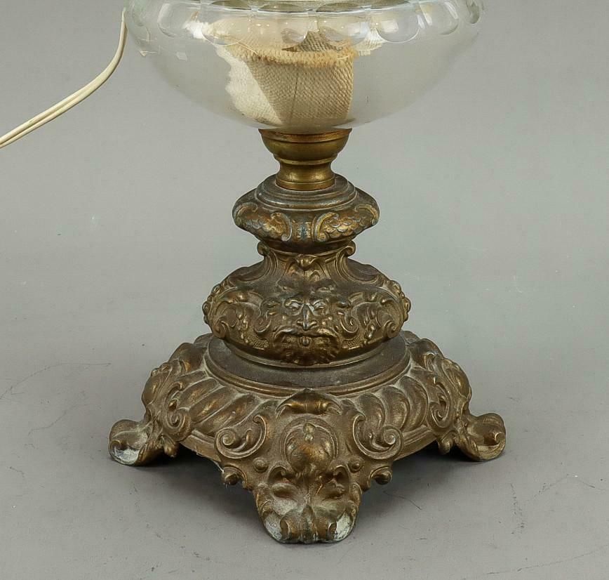 Antique Bronze Table Oil Lamp With Electric Wire And Glass Cup Art Deco 50's photo for sale