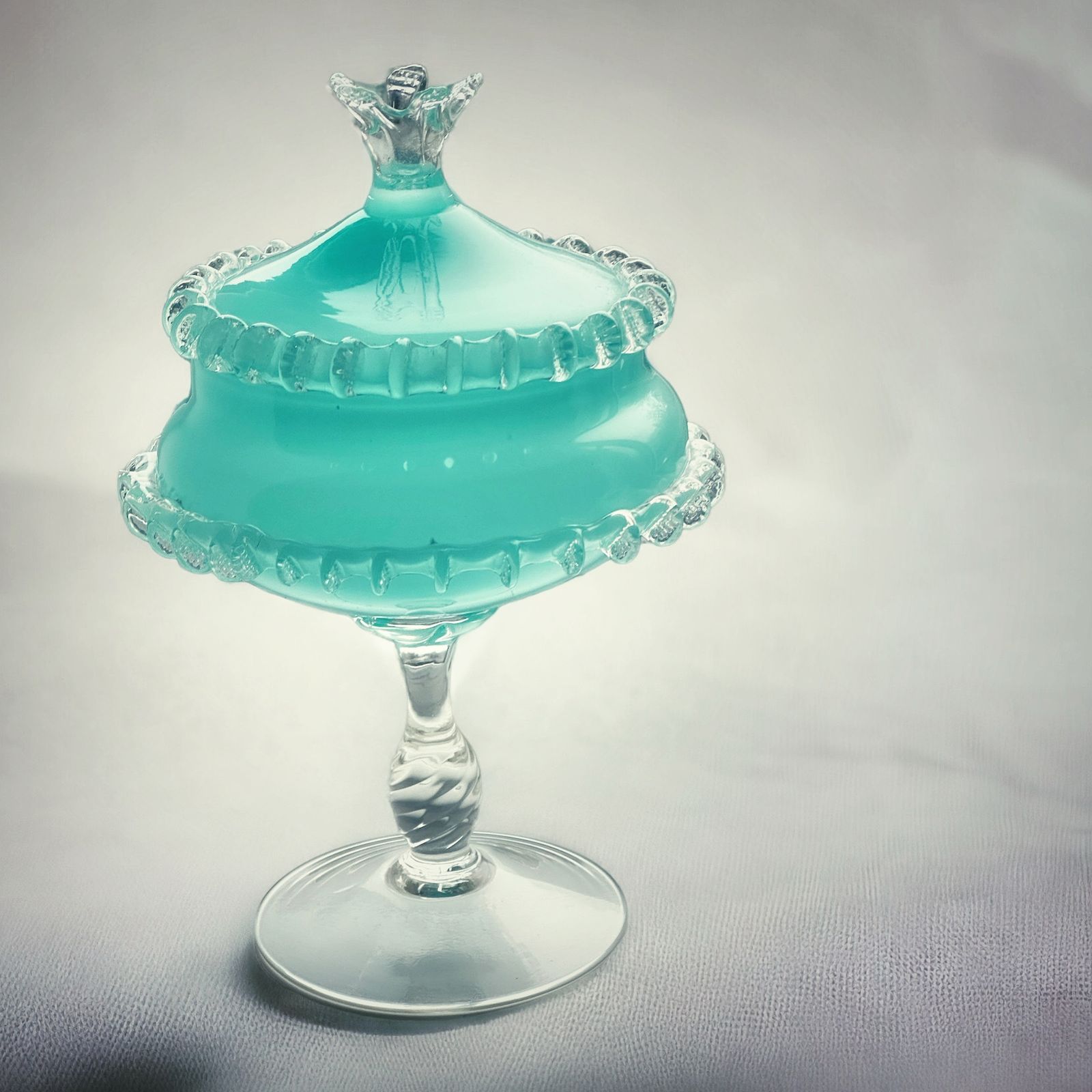 1960s Mid Century Italian Sky Blue Cased Empoli Glass Pedestal Lidded Compote Candy Dish Midcentury