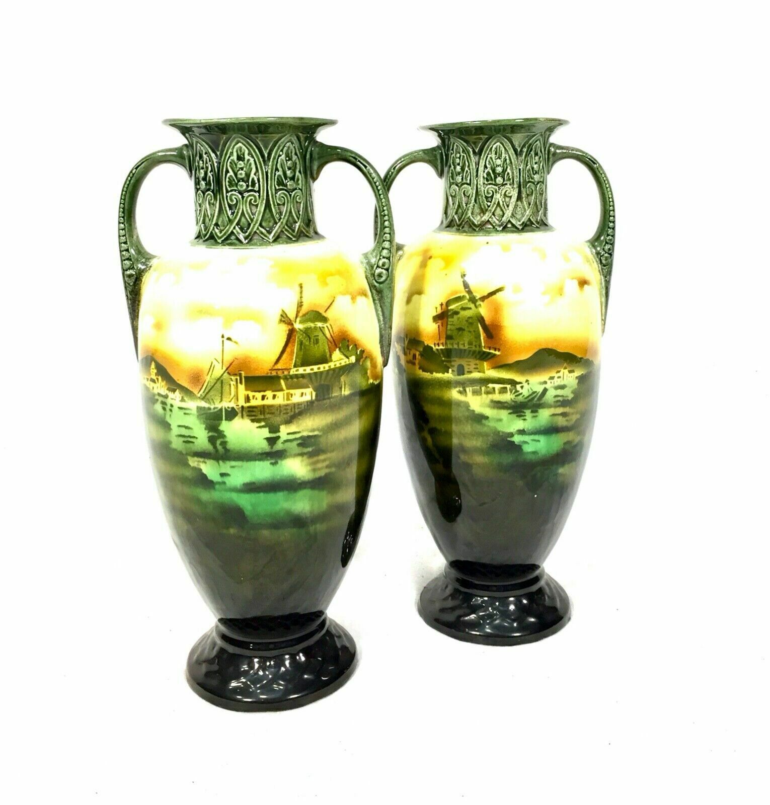 Antique Pair Of Czechoslovakia Pottery Vases / Vase Showing Dutch Scenes C.1920 photo furniture