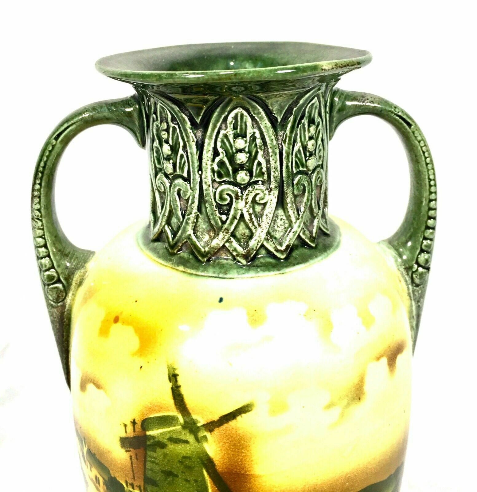Antique Pair Of Czechoslovakia Pottery Vases / Vase Showing Dutch Scenes C.1920 photo 99.0