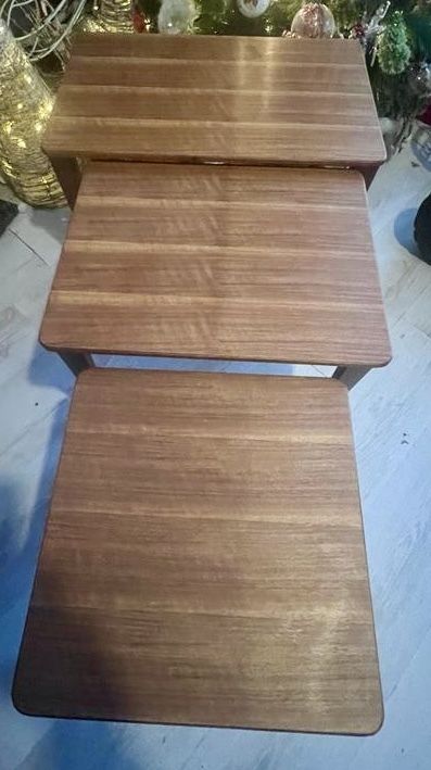 Mid Century Walnut & Teak Nest Of Three Tables Vintage . 1950's