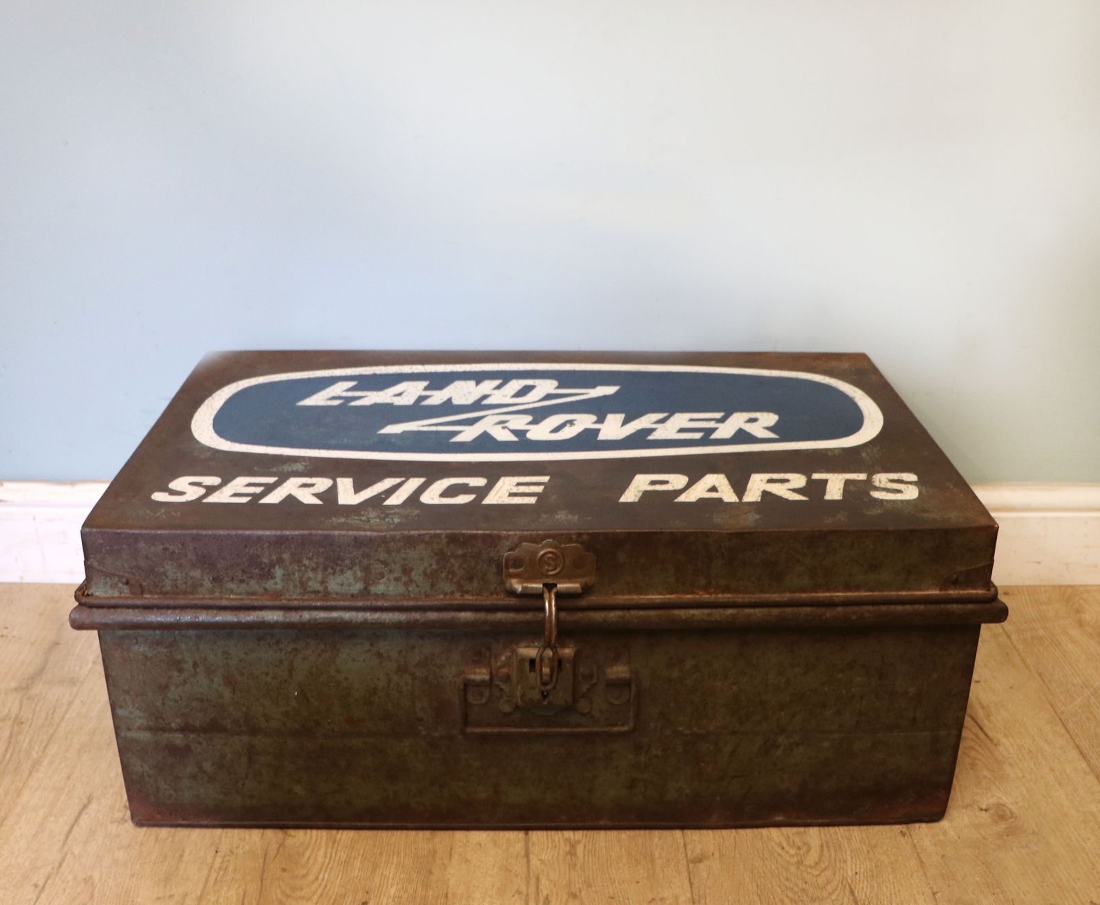A Lovely Vintage Metal Trunk, Later Sign Written For Land Rover. photo furniture