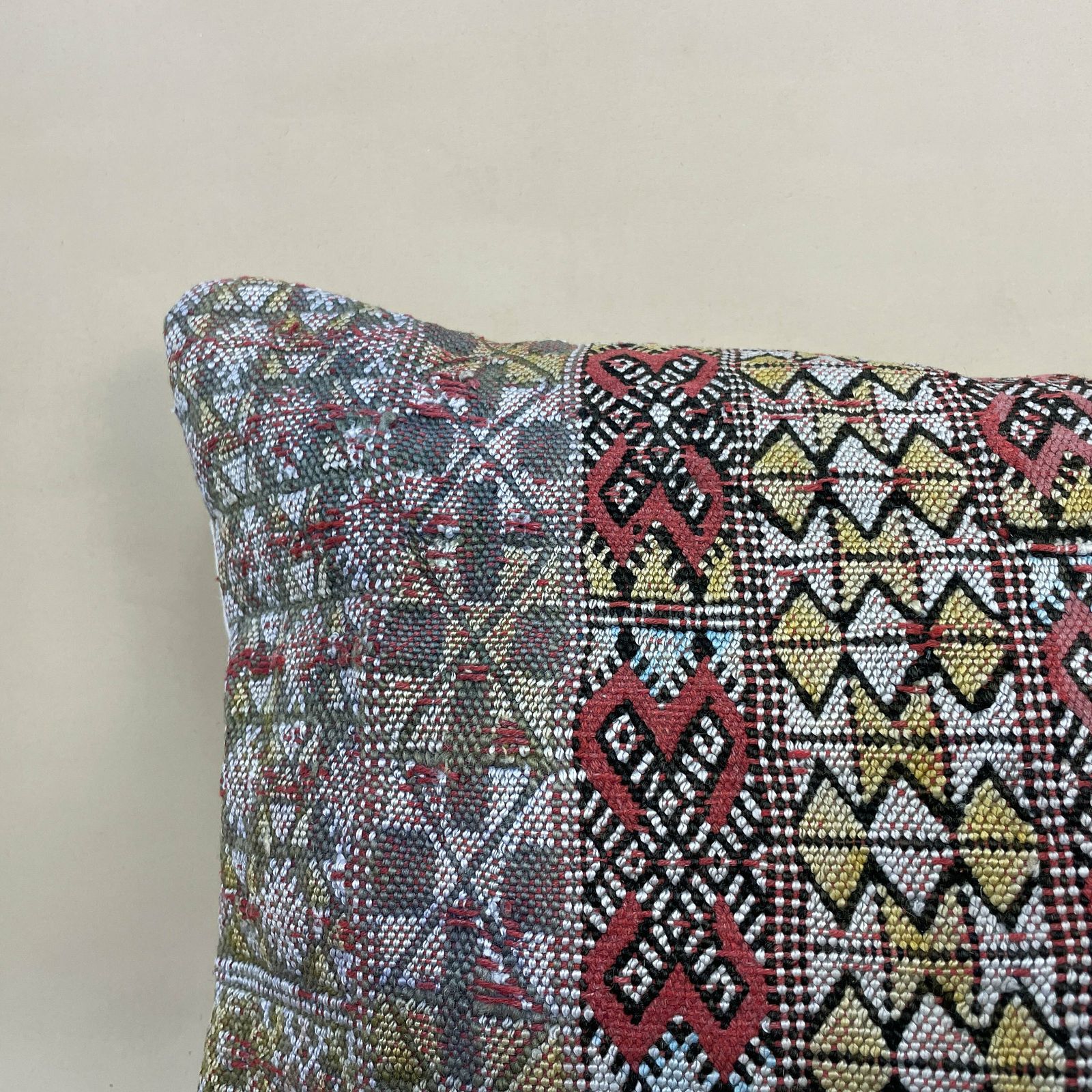Antique Kilim Cushion Moroccan Pillow Feather Filled Handwoven Patterned Beige Red photo furniture