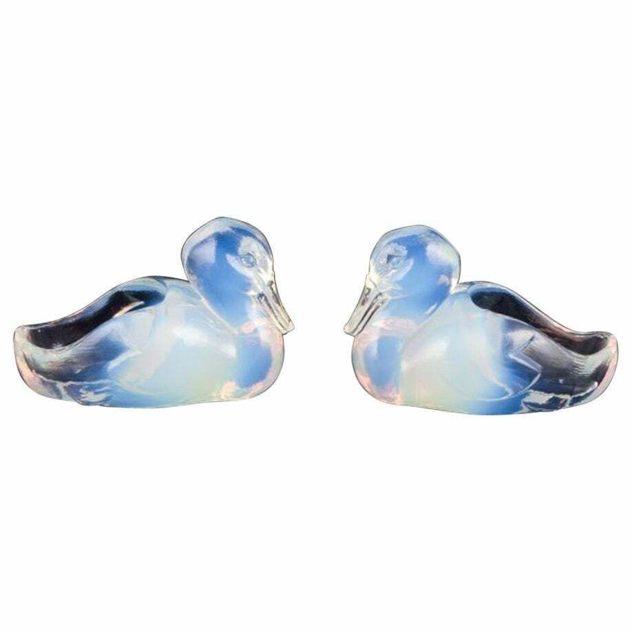 Sabino, France. Two Ducks In Art Deco Opaline Art Glass With A Bluish Tint.