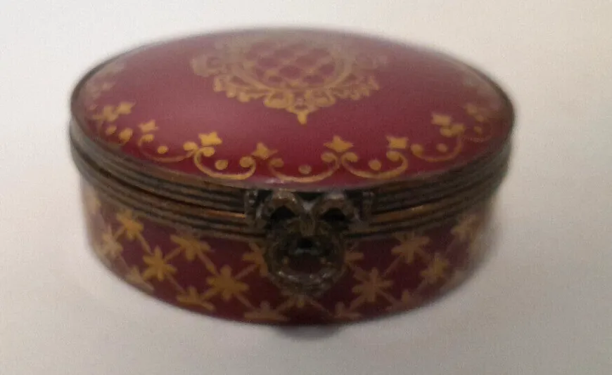 Antique Limoges France Red & Gold Filigree & Porcelain Box photo for sale