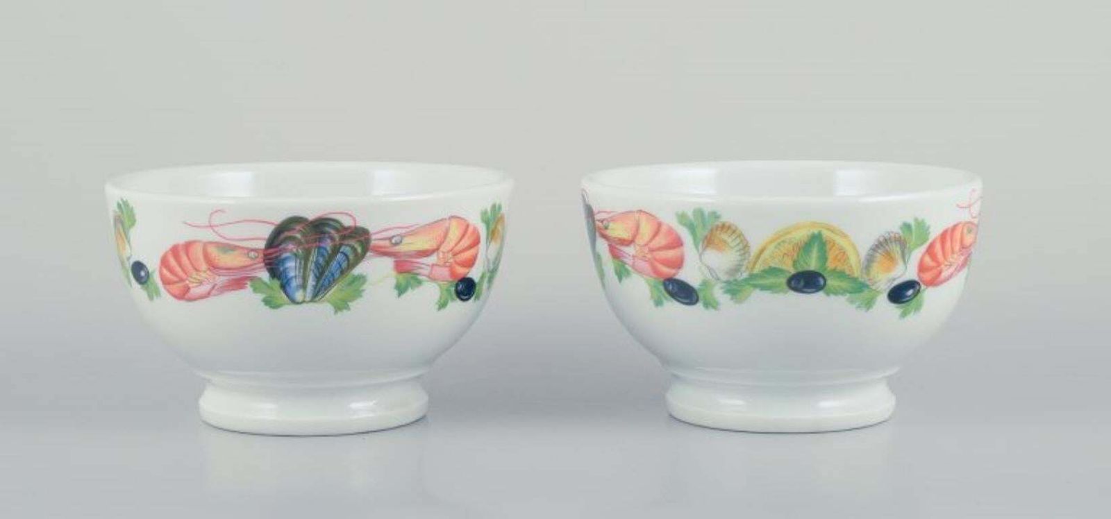 Pillivuyt, France. Set Of Two Porcelain Bowls With Seafood Motif. photo furniture