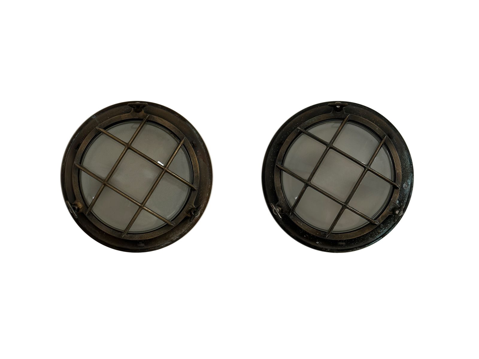 Pair Antique Brass Convex Glass Maritime Military Bulkhead Flush Mounted Wall Lights Lamp
