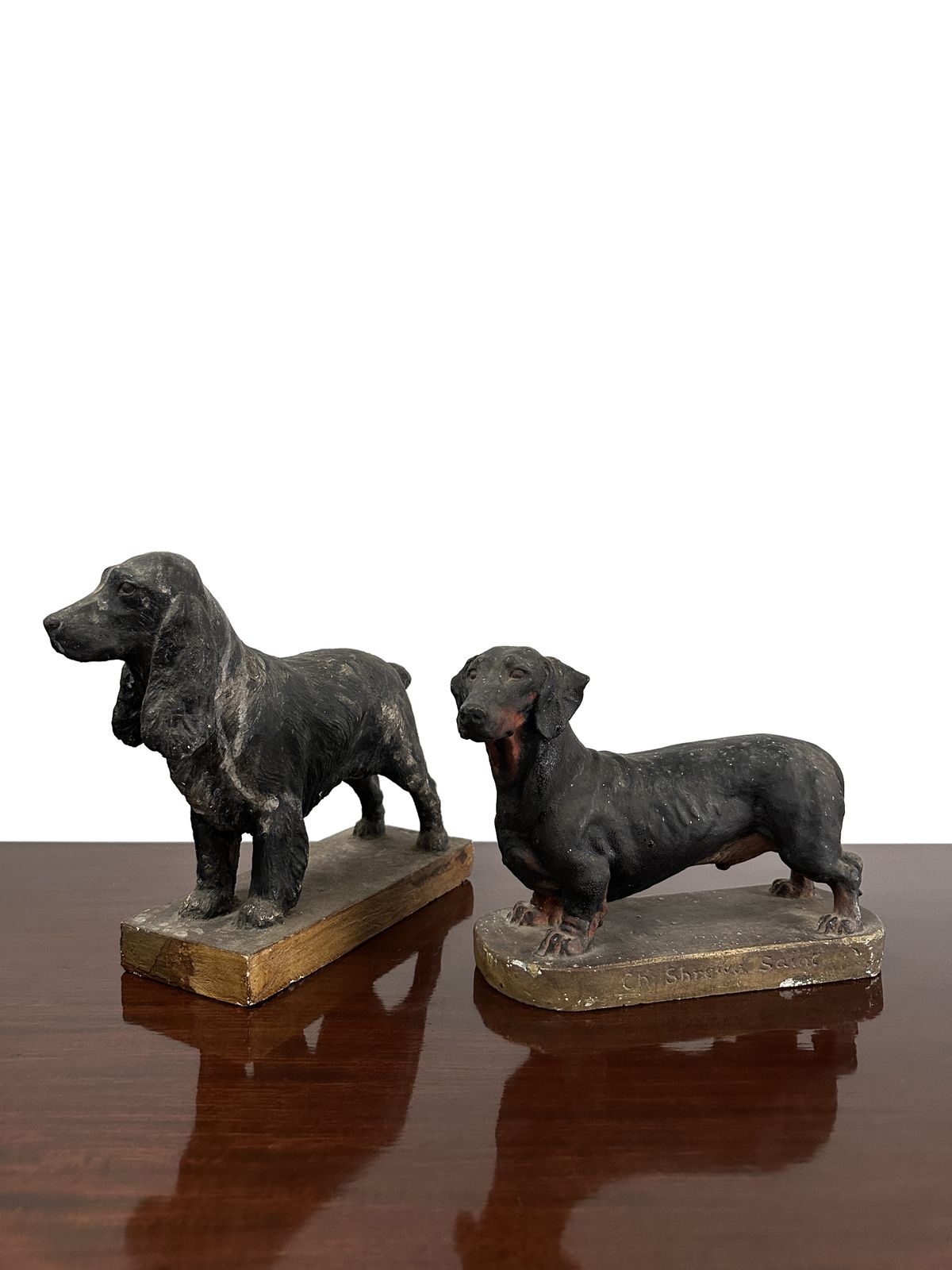 Pair Antique Painted Plaster Model Dachshund Cocker Spaniel Dog Sculptures By Frederick Thomas Daws (1878 1956) photo Art