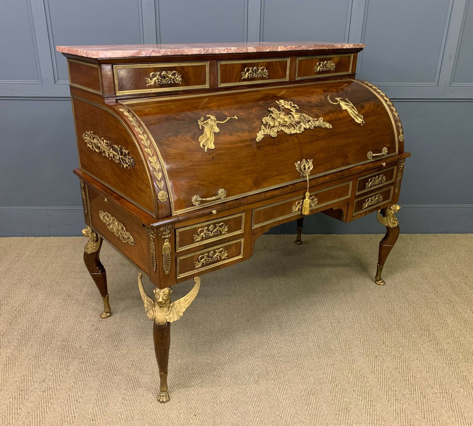 Large 19th Century French Empire Style Flame Mahogany Cylinder Desk