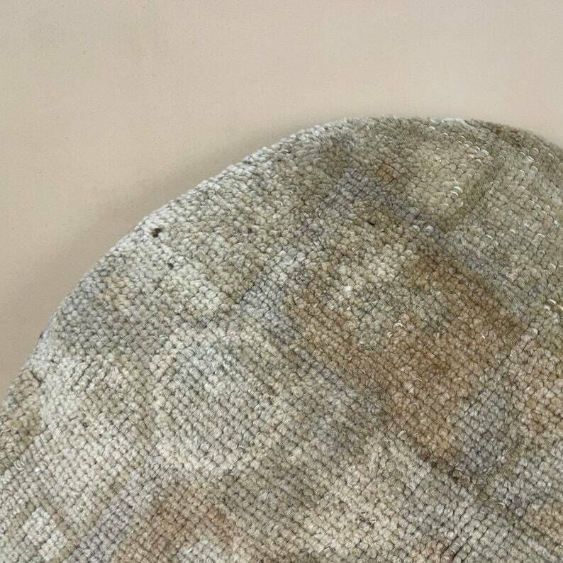 Antique Kilim Circle Cushion Turkish Pillow Feather Filled Handwoven Muted Beige photo for sale
