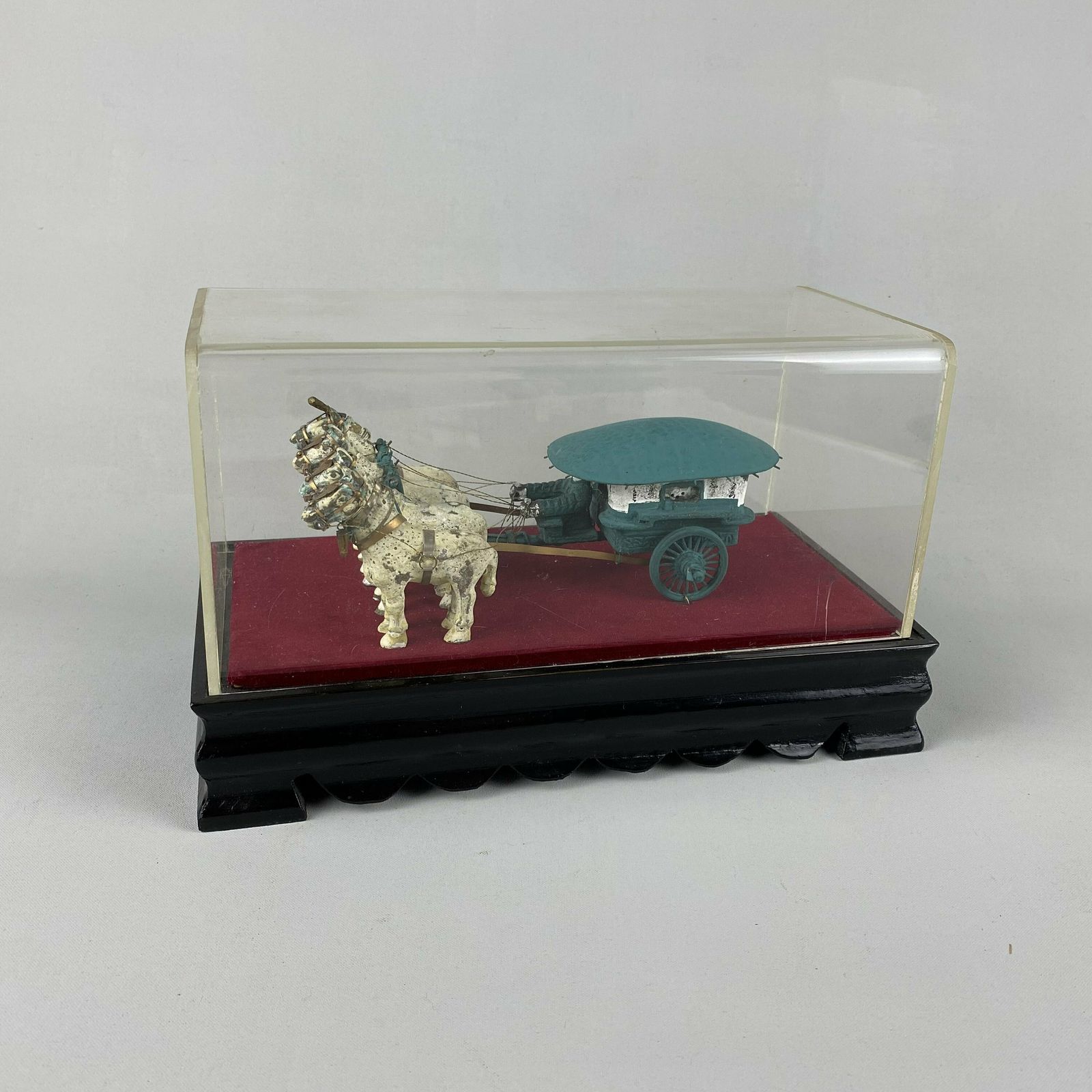 Rare Antique Oriental Metal Statue Horse Drawn Carriage Asian Wood Stand Chariot Sculpture In Box Ornament Chinese Far East Unusual photo furniture