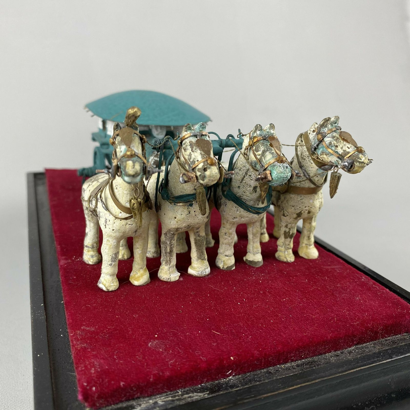 Rare Antique Oriental Metal Statue Horse Drawn Carriage Asian Wood Stand Chariot Sculpture In Box Ornament Chinese Far East Unusual photo Home Decor
