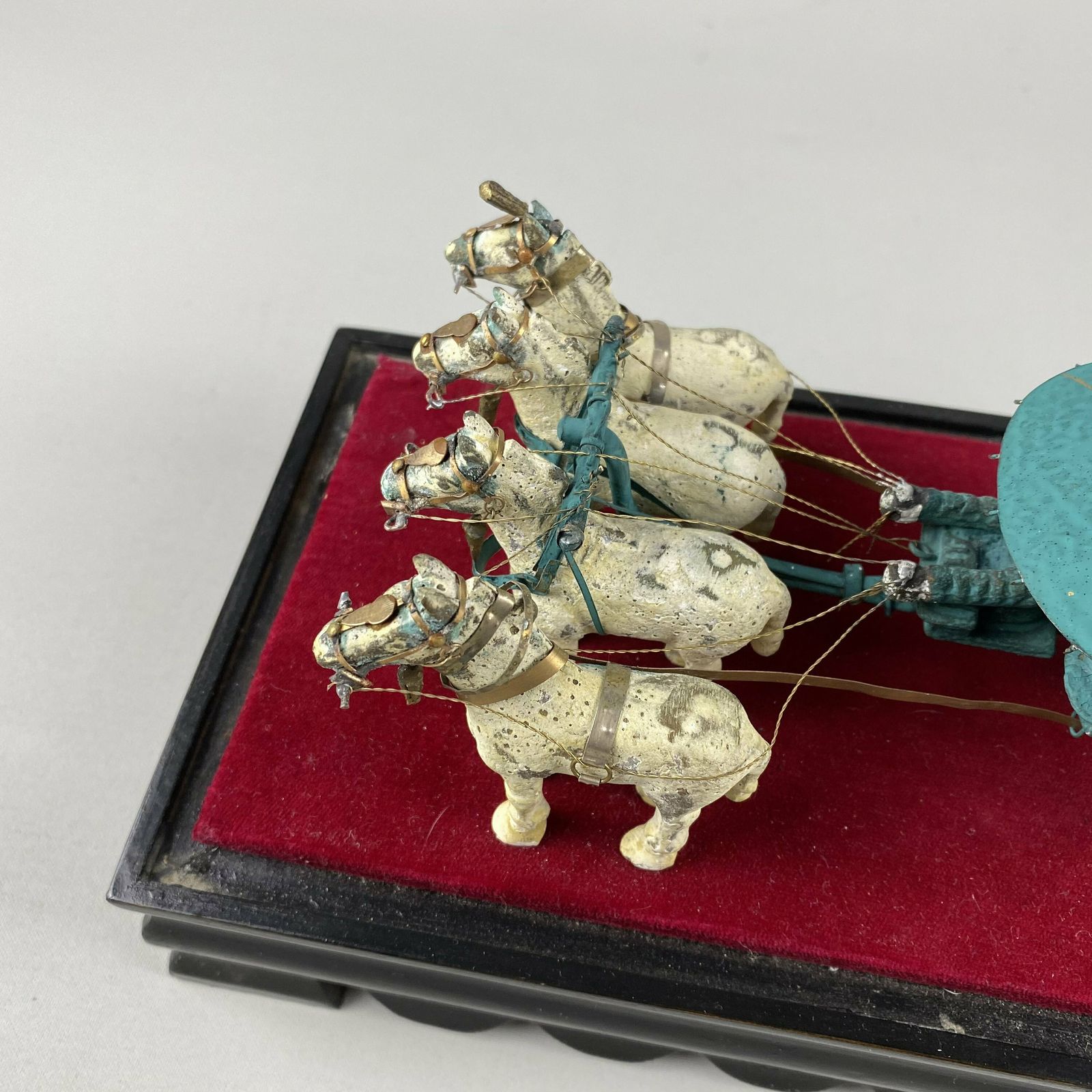 Rare Antique Oriental Metal Statue Horse Drawn Carriage Asian Wood Stand Chariot Sculpture In Box Ornament Chinese Far East Unusual photo vintage