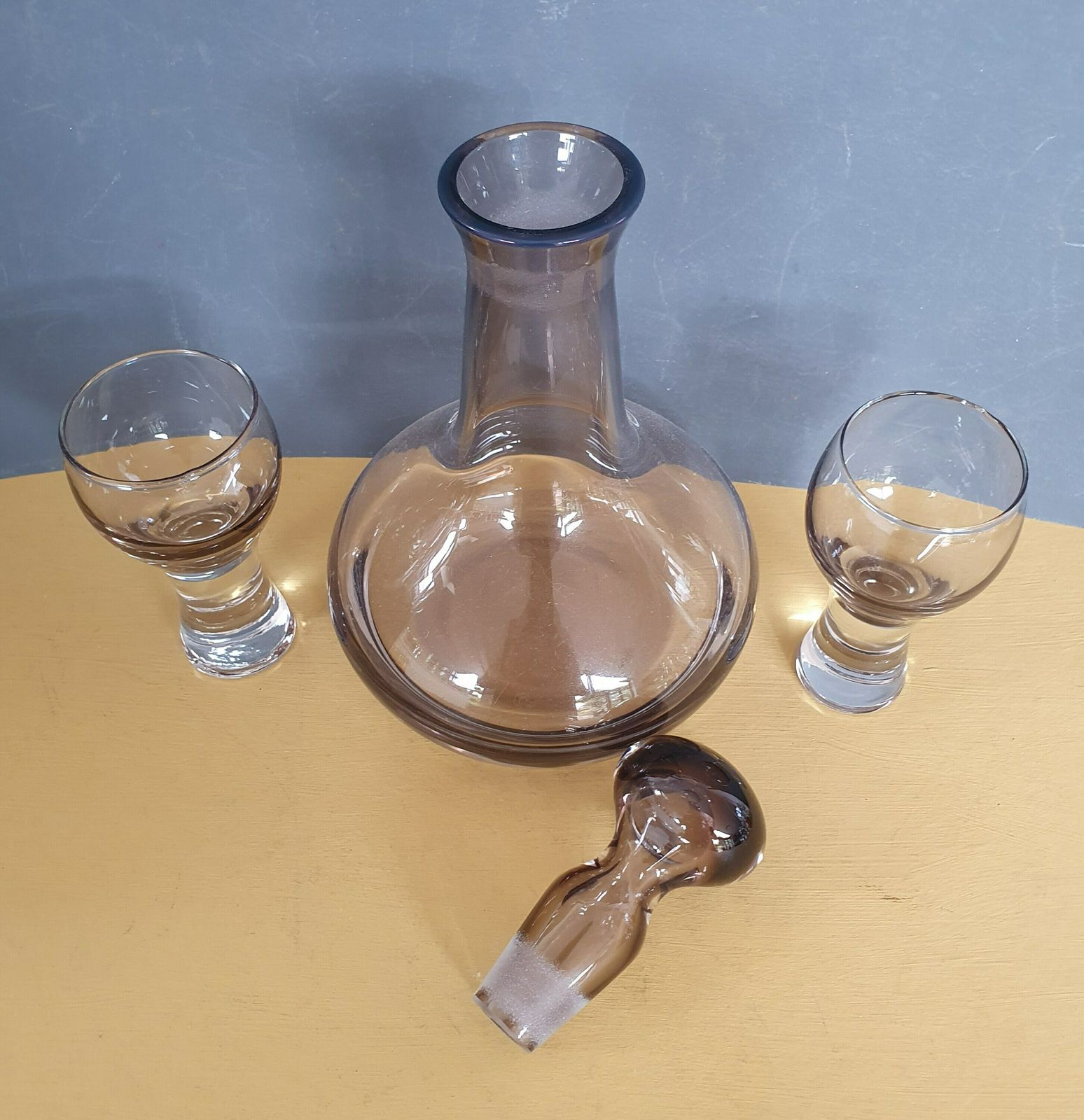 Vintage Caithness Smoked Glass Decanter Set, Libster Decanter And Two Canisbay Dram Glasses In Lovely Peat Coloured Glass, 1970s photo furniture
