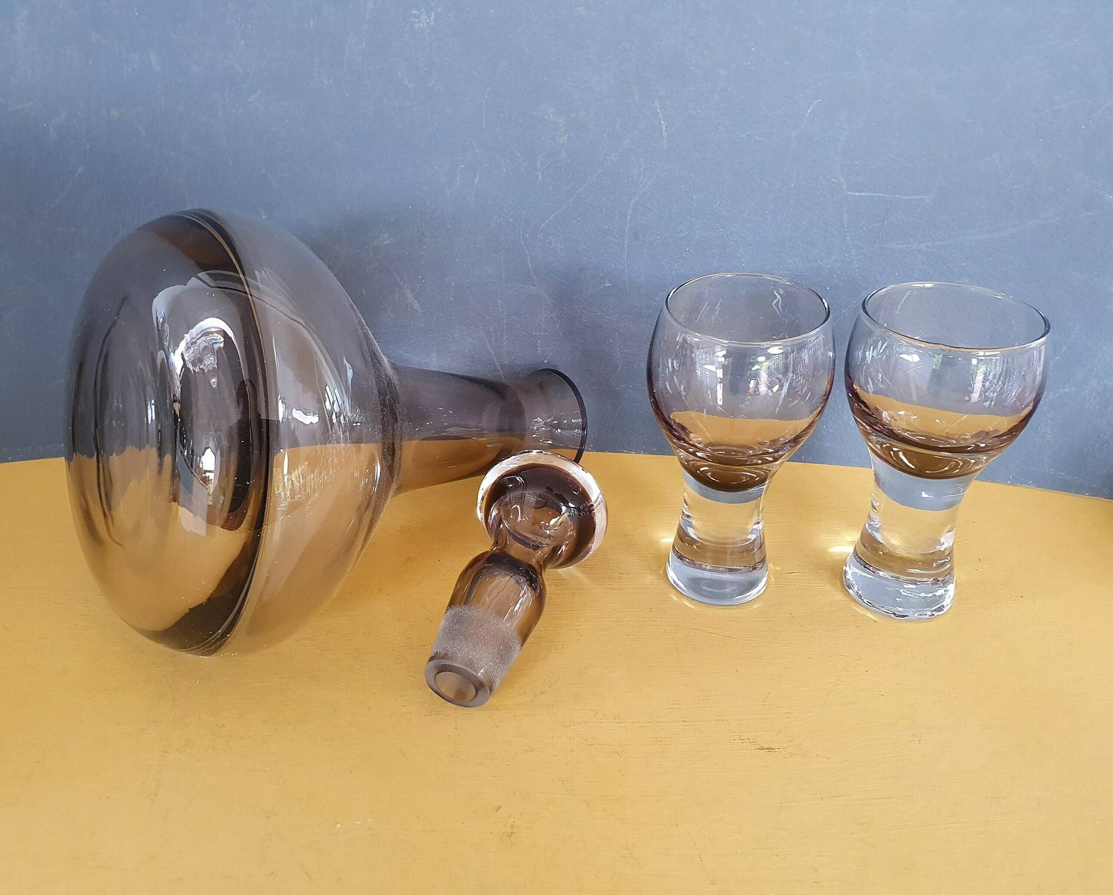 photo furniture Vintage Caithness Smoked Glass Decanter Set, Libster Decanter And Two Canisbay Dram Glasses In Lovely Peat Coloured Glass, 1970s