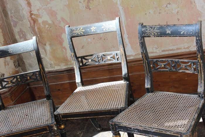 Trio Of Regency Ebonised Hand Painted Gilt And Cane Distressed Occasional Chairs photo furniture