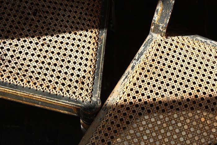 photo for sale Trio Of Regency Ebonised Hand Painted Gilt And Cane Distressed Occasional Chairs