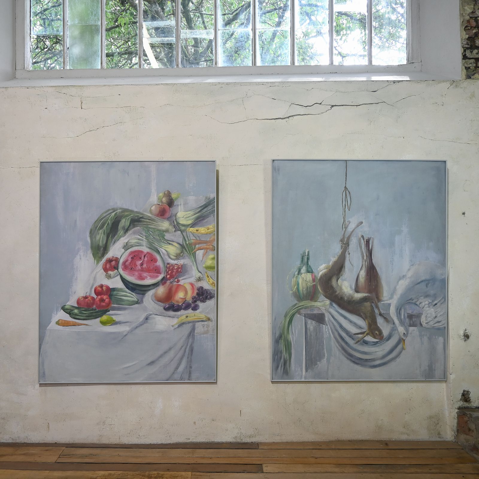 A Large Pair Of Naive Oil On Canvas Paintings