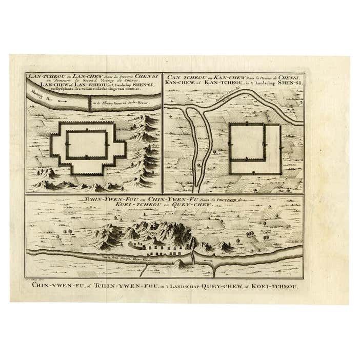 Antique Map Of Three Chinese Cities In Chensi And Koei Tcheou, C.1758