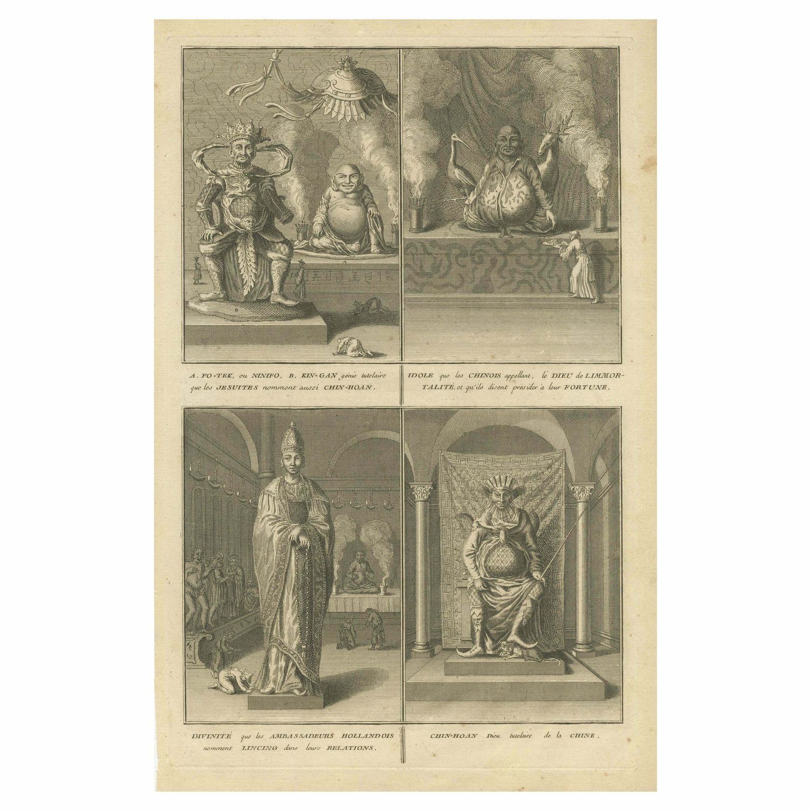 Antique Print Of Fo Tek King Gan And Other Chinese Deities