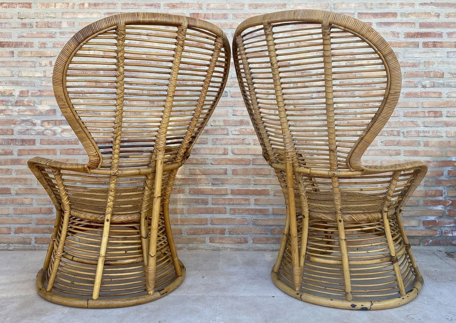 Spanish 70's Bamboo Wicker High Back Armchair, Set Of Two photo vintage