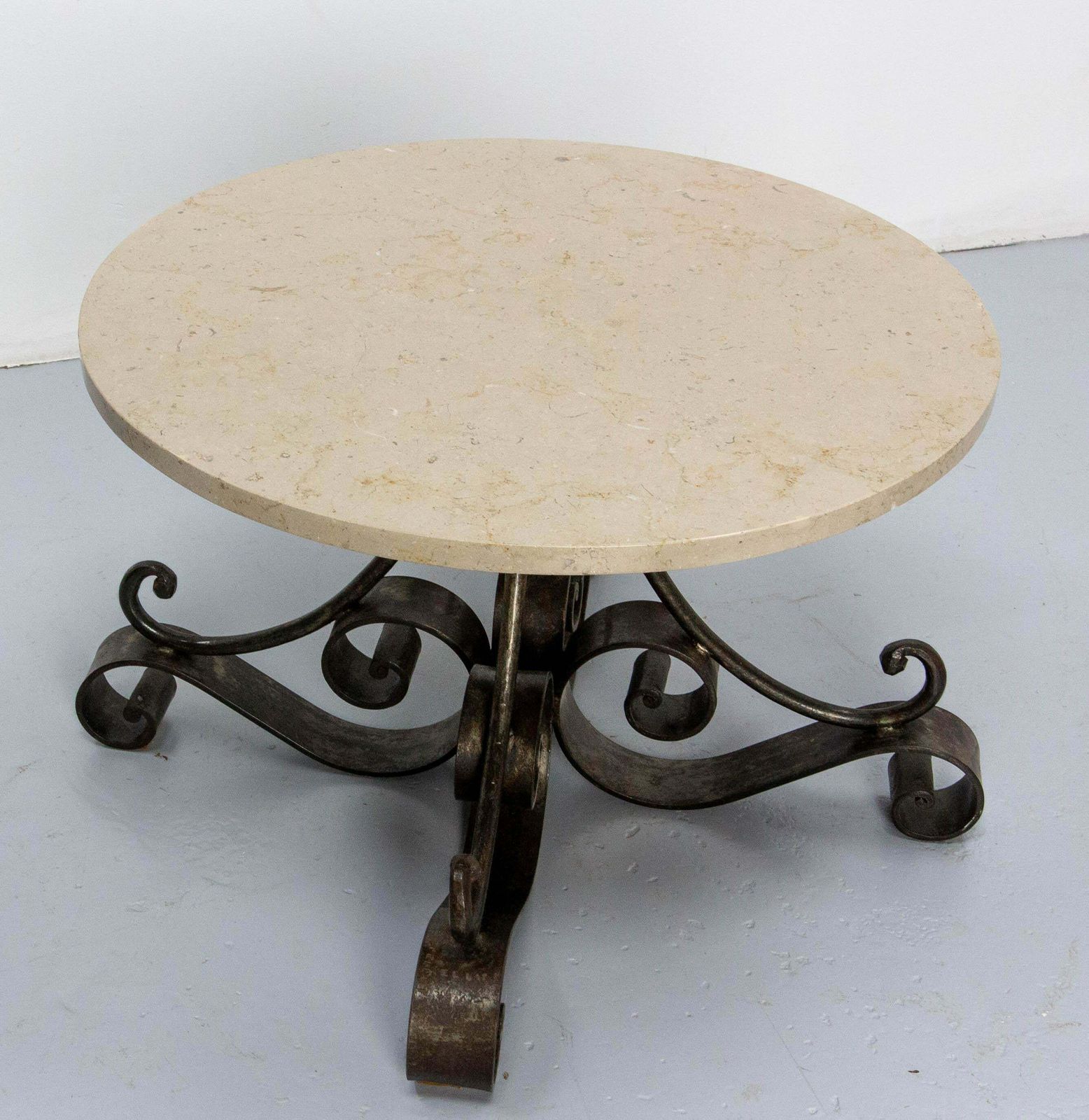 French Travertine Top & Wrought Iron Signed Coffee Table, Circa 1960 photo Furniture