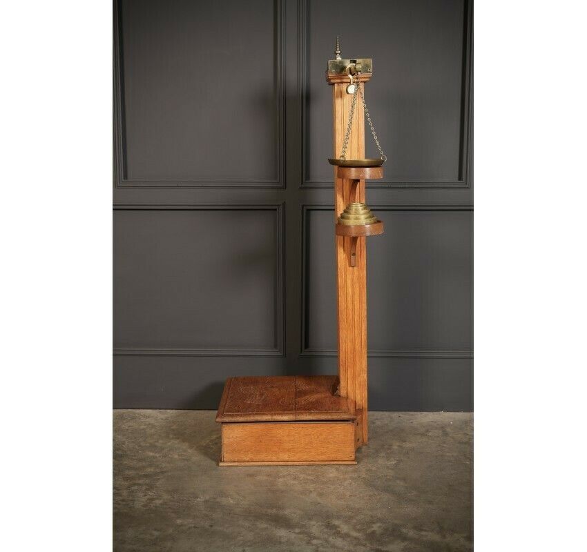 Victorian Brass Mounted Oak Personal Weighing Scales photo vintage
