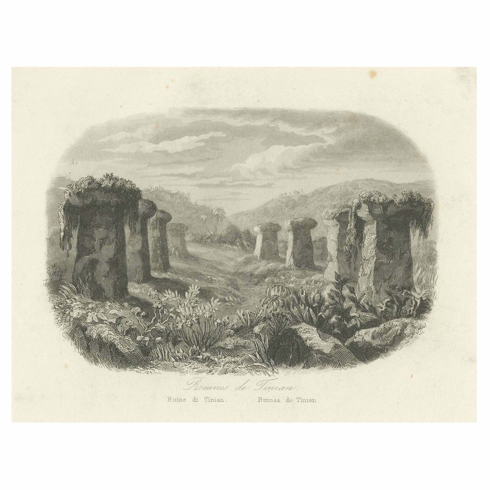 Small Antique Print Of Ruins Of Ancient Columns On Tinian Island