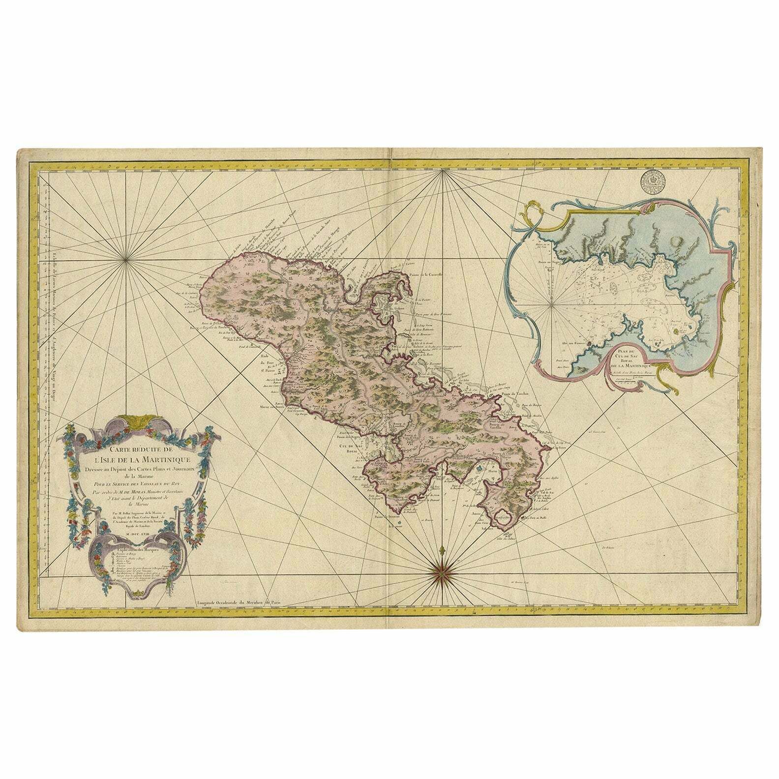 Stunning Large Scale Antique Map Of Martinique, Rare, Published 1758