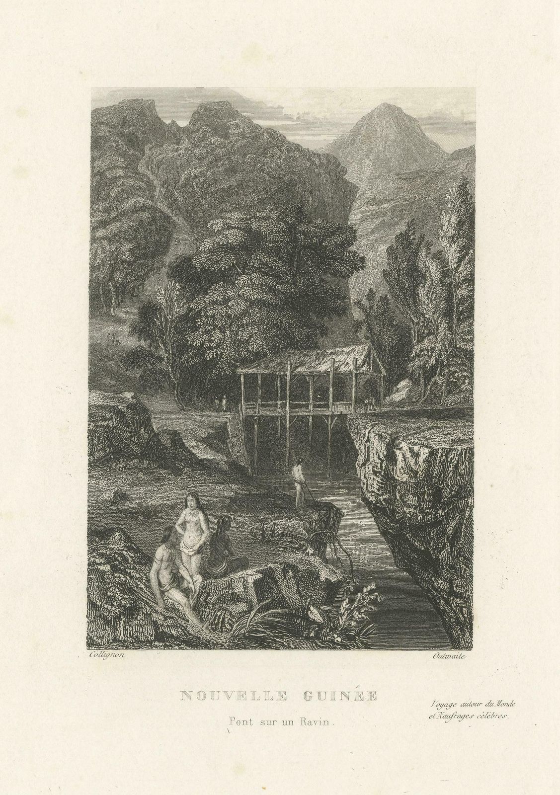 Antique Print Of A Bridge Over A Ravine In New Guinea photo for sale