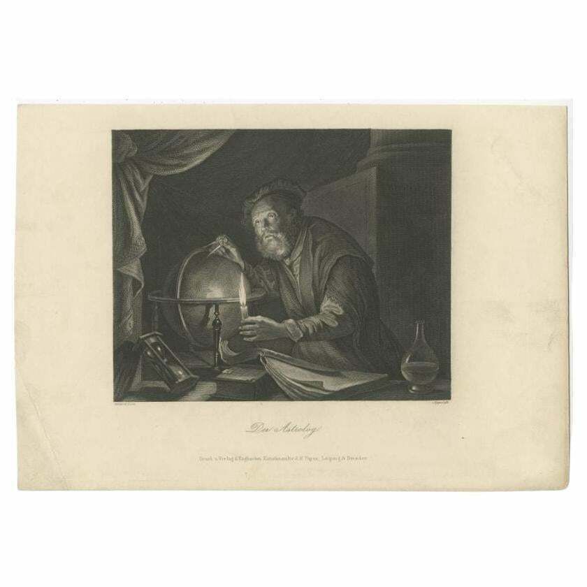 Antique Print Of An Astrologer With An Hourglass And Globe, Circa 1850