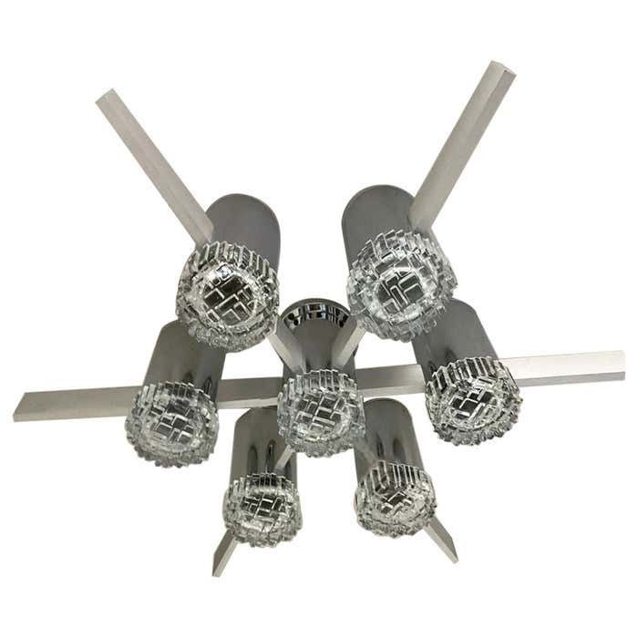 Two 1960s Gaetano Sciolari Space Age Chrome Aluminum And Glass Ceiling Lights