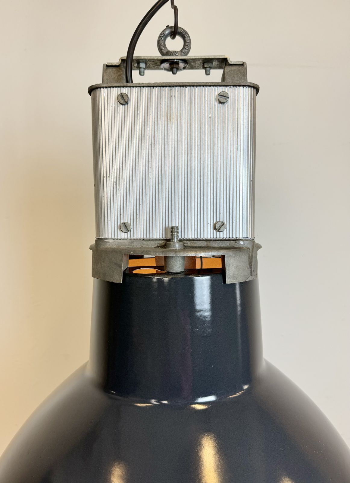 Industrial French Dark Blue Enamel Pendant Lamp From Mazda, 1960s photo furniture